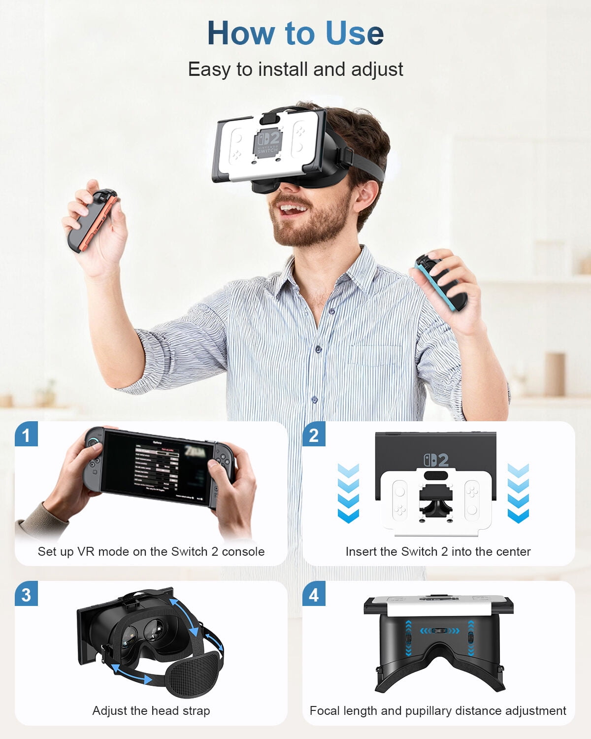 VR Headset with Adjustable HD Lenses, Virtual Reality Glasses