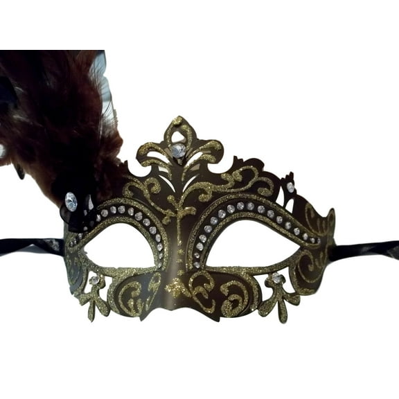 Brown Gold Mardi Gras Princess Venetian Masquerade Mask Feathers