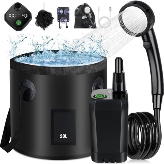 Portable Shower for Camping, Rechargeable Camping Shower with Collapsible Bucket with Handle 20L Intelligent LED Display, 4 Spray Modes, Outdoor Shower Kit for Hiking, Travel, Car, Pet