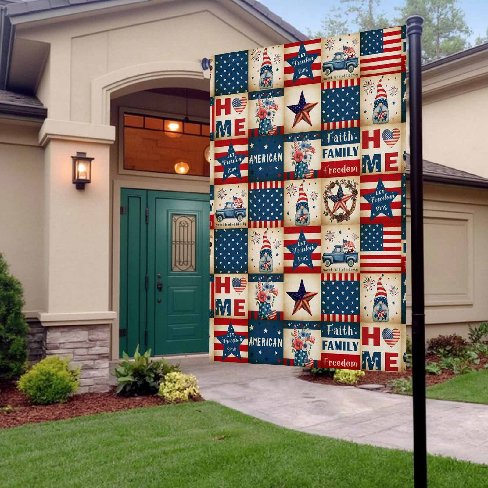 4th of July Garden Flags Patriotic Stars USA Flag Garden Flag Double Sided Welcome Flag Blue Red White Stripes Gnome Independence Day Yard Flags for Outdoor Lawn Porch Memorial Day Decor 28x40 Inch