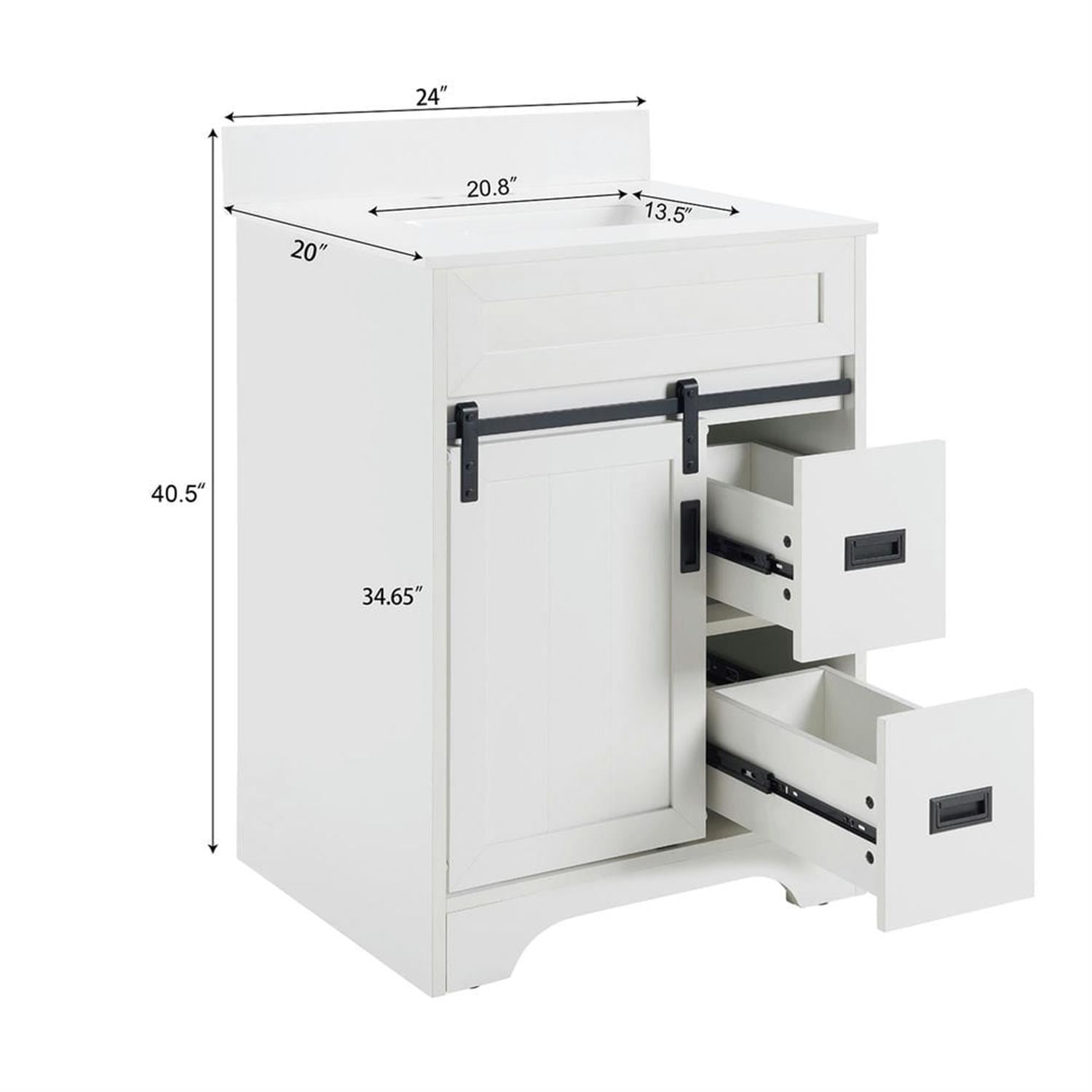 Demi Bonn 24" Freestanding Bathroom Vanity with Single Sink Combo, Farmhouse Undermount Bathroom Vanities Cabinet with Sliding Barn Doors and 2 Drawers, White