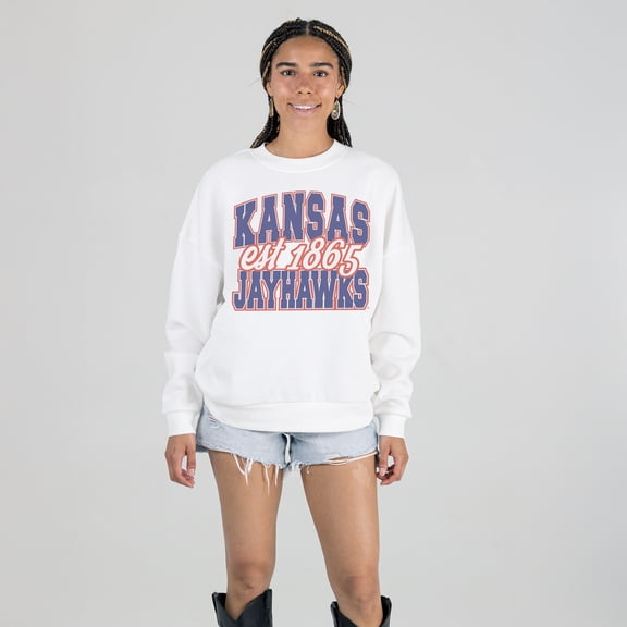 Women's Gameday Couture White Kansas Jayhawks Oversized Faded Formation Premium Fleece Sweatshirt