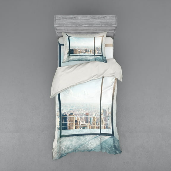 Ambesonne Landscape Bedding Set 3 Pcs, Empty Loft Cityscape, Twin XL, Pale Grey and White