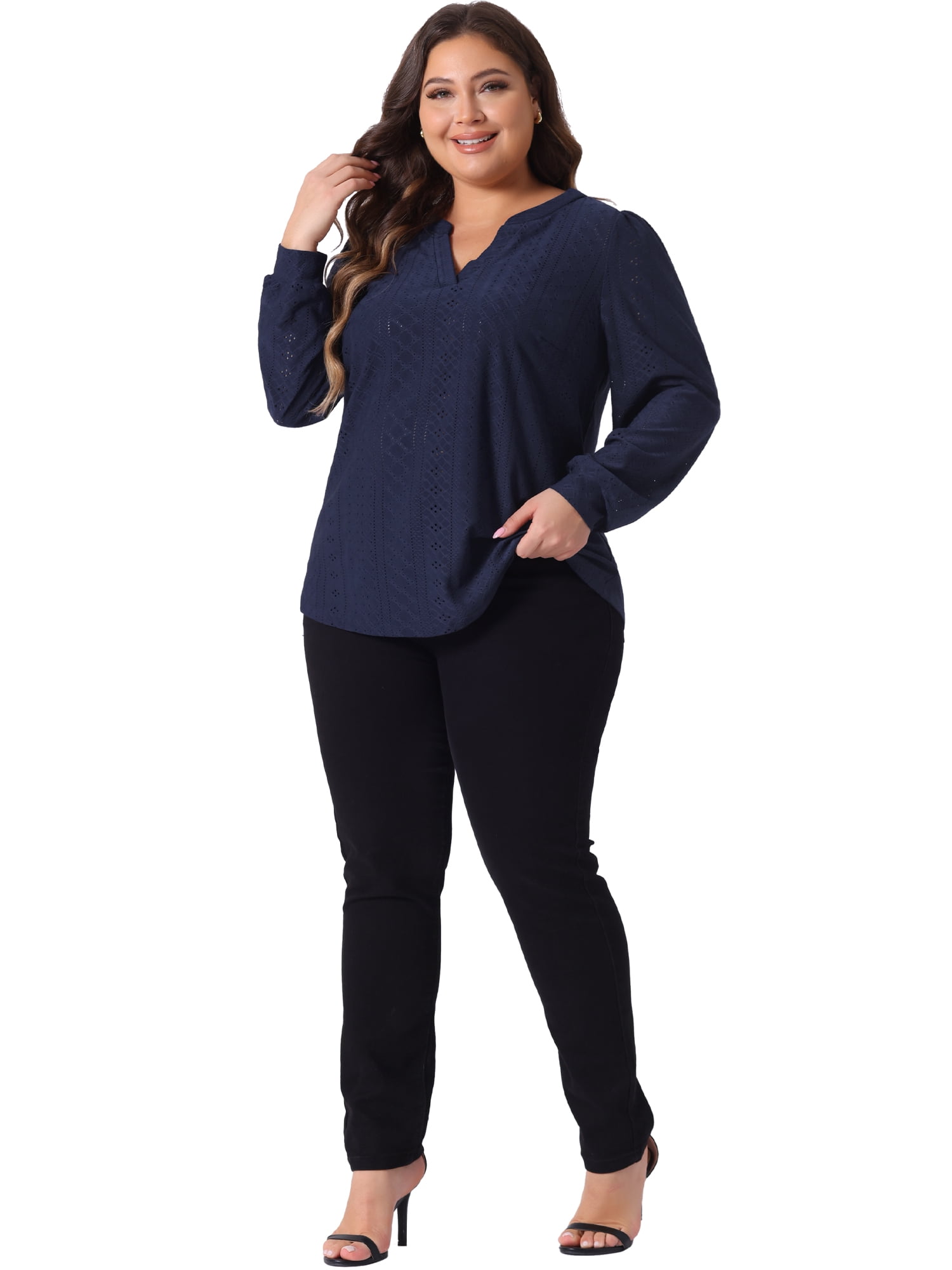 DARING DIVA Women's Plus Women's V Neck Long Sleeve Hollow Blouse 4X Navy Blue