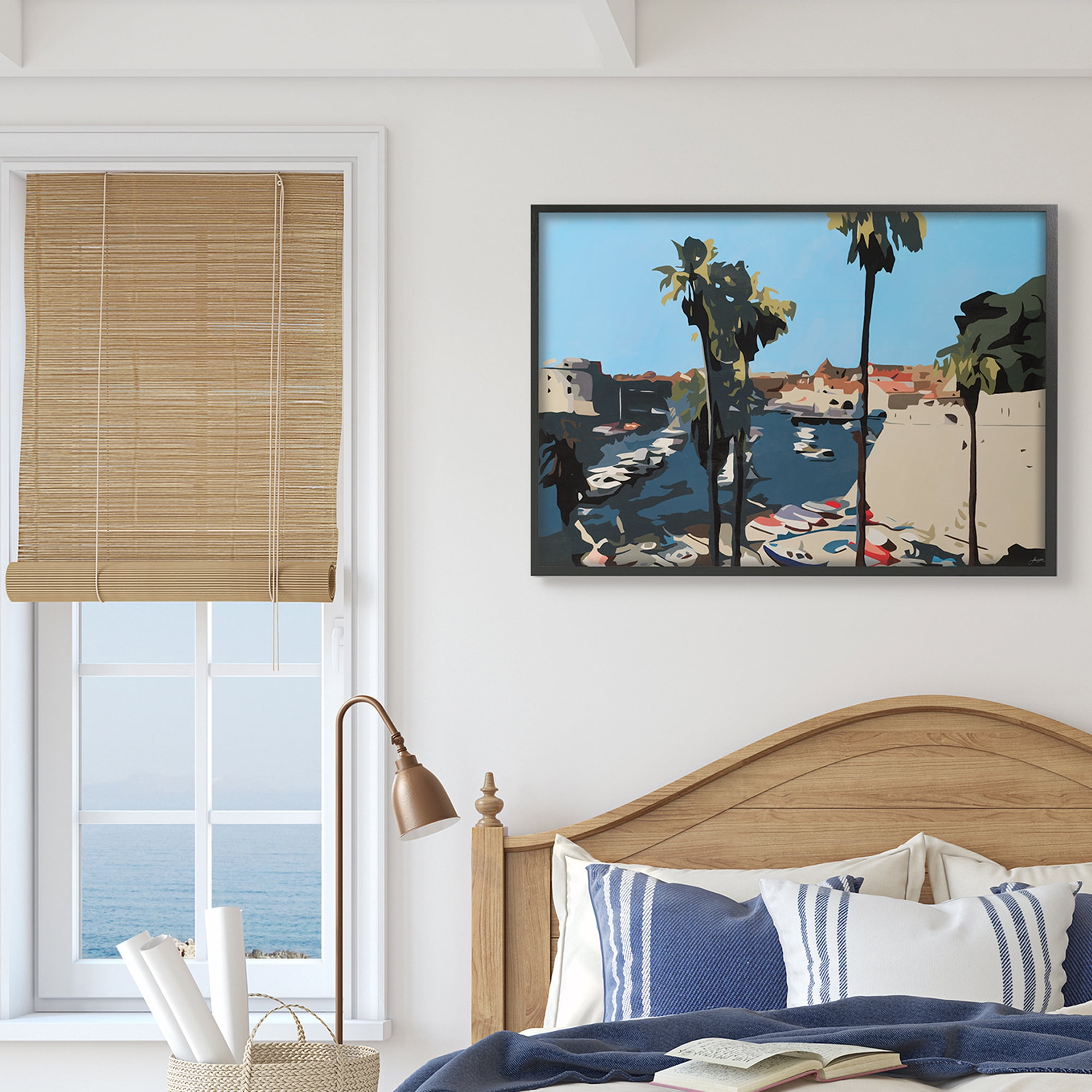 Stupell Industries Coastal City Boating Docks Tropical Palm Trees Nature Painting Black Framed Art Print Wall Art, 24 x 30