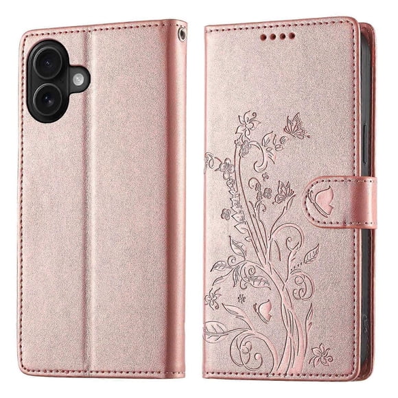 For iPhone 17 Wallet Case Butterfly Floral Imprint PU Leather Phone Cover with Wrist Strap - Rose Go