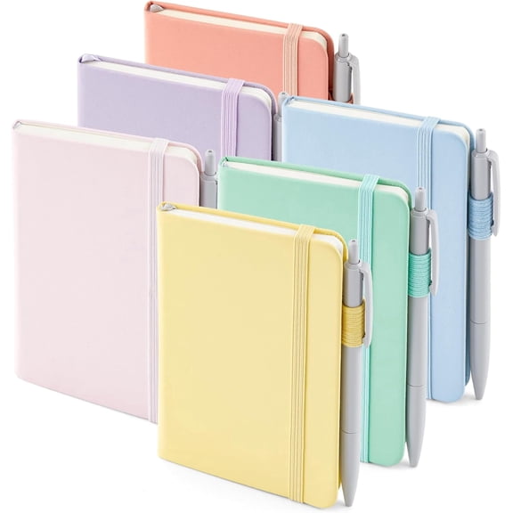 feela 6 Pack Pocket Small Notebooks Bulk, Mini Cute Memo Notepads Hardcover College Ruled Lined Journals with Pen Holder for Women Office,with 6 Black Pens,"3.5x 5.5", A6, Pastel Colors