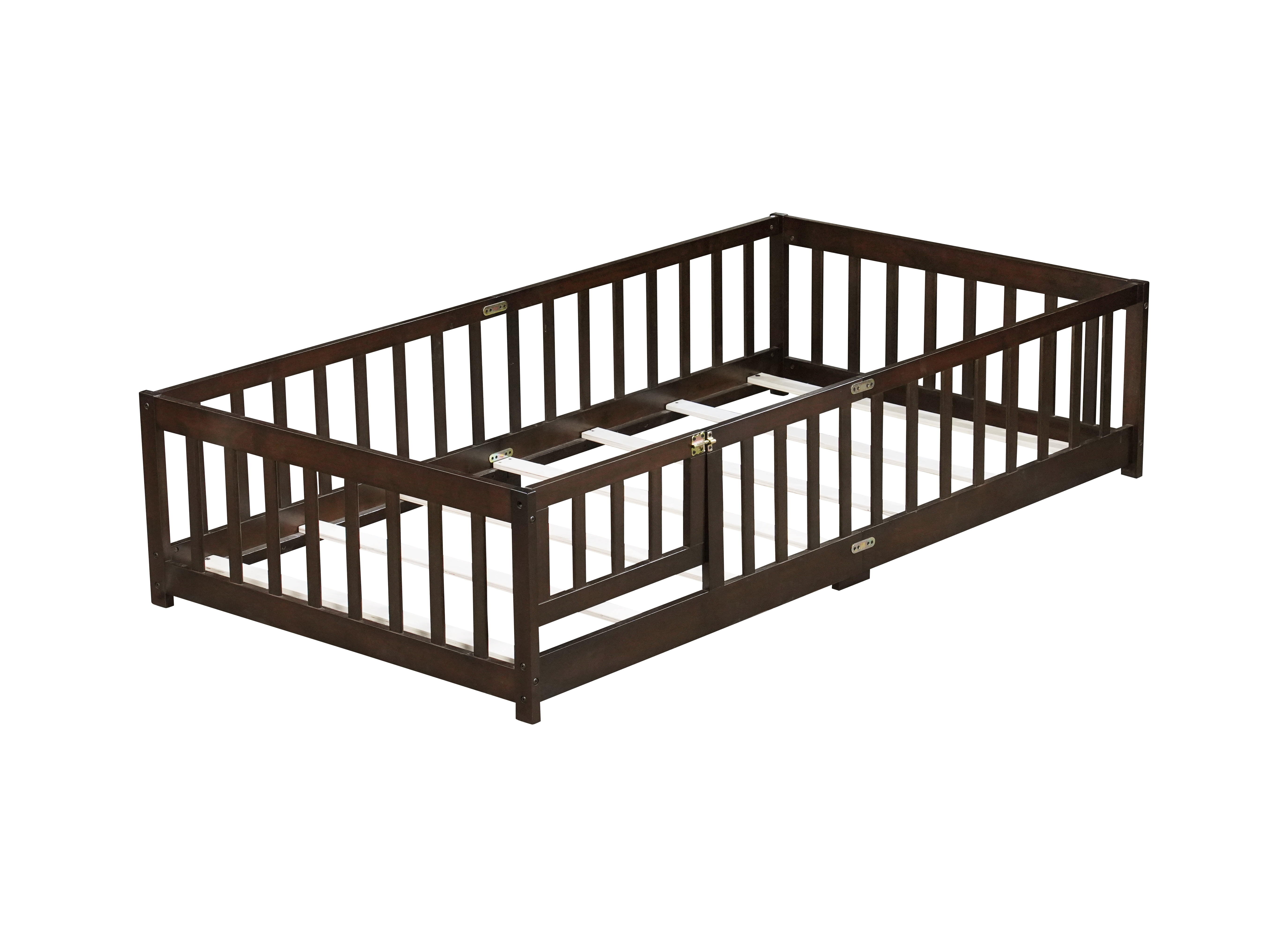 Mintazer Twin Floor Bed with Fence and Door, Montessori Bed with 17.5" Safety Guardrails for Kids Girls Boys, Espresso