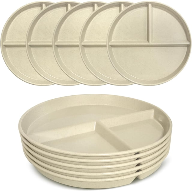 GHSDFBB Assiettes Divisées Incassables 9 Pouces 5 Pcs, Assiette de Contrôle des Portions Réutilisable, Assiettes à Compartiments en Plastique, Va au Micro-Ondes et au Lave-Vaisselle, Convient aux Enfants et aux Adultes.
