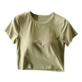 thumbnail image 2 of qelini T-shirts for Women with Round Neck School Season Solid Color Short Sleeved Exposed Navel Chest Pad Integrated Loose Casual Daily Wearing Basic Tops Juniors Summer Comfortable 1Pack Green S, 2 of 6