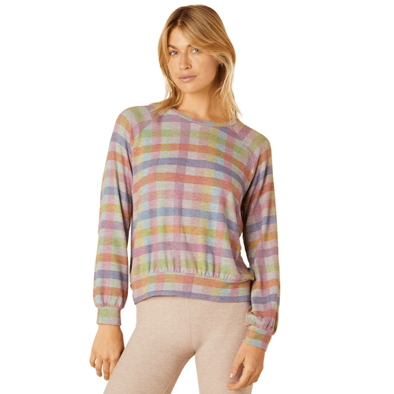 Beyond Yoga Relaxed Raglan Pullover Pastel Gingham Large