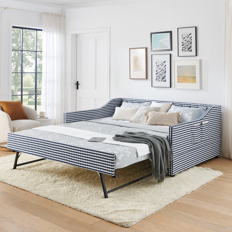 Full Size Daybed with Pop Up Trundle, Gingham Upholstered Daybed Frame with Tufted Button Backrest and Side Storage Pocket, Modern Sofa Bed for Living Room Bedroom