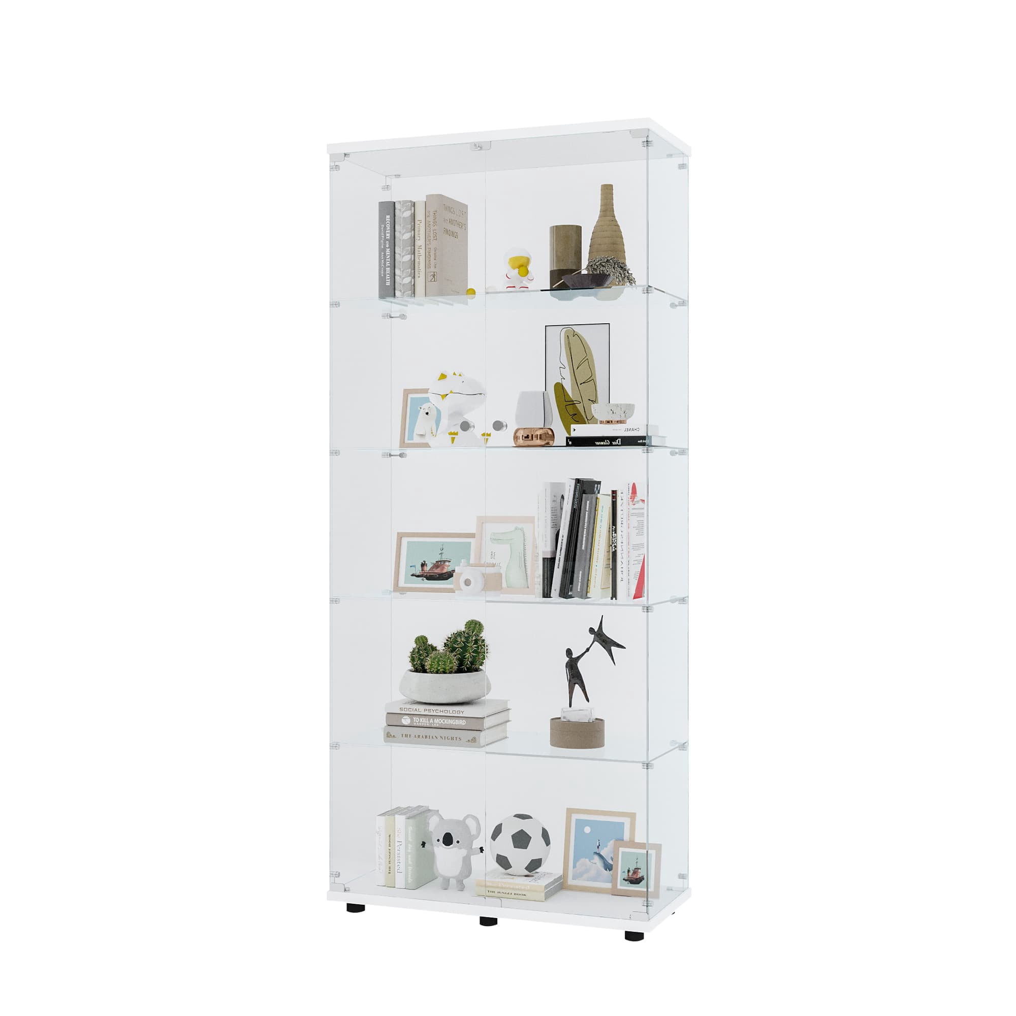 MAYEERTY Glass Display Cabinet 5 Shelves with Double Door, Glass Cabinets Floor Standing Bookshelf, White, 74.3"×31.7"×14.3"