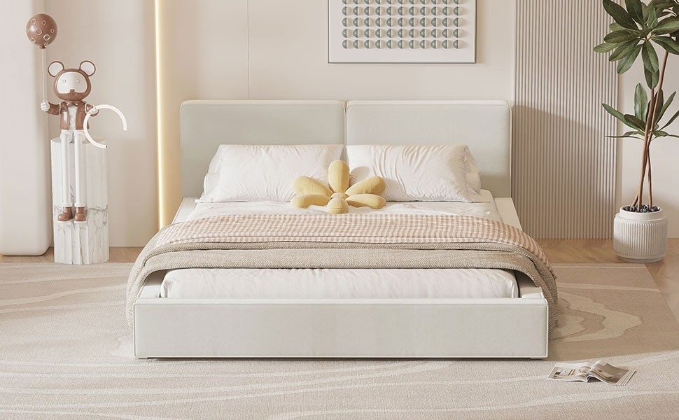Queen Size Velvet Upholstered Bed with Solid Frame, Beige