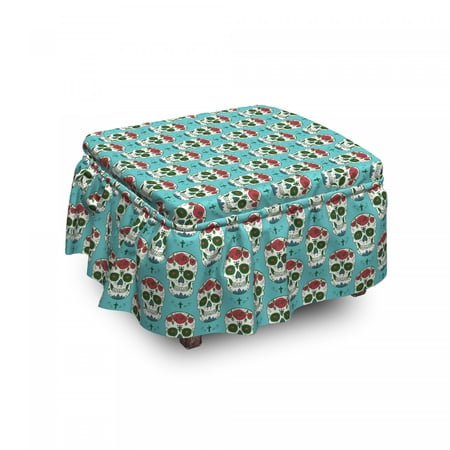 Skull Ottoman Cover  Roses on Skull Pattern  2 Piece Slipcover Set with Ruffle Skirt for Square Round Cube Footstool Decorative Home Accent  Standard Size  Seafoam Green and Ruby  by Ambesonne