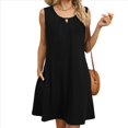 thumbnail image 1 of Vestido de Verano para Mujer, Color Liso, Cuello Redondo, Plisado, Sin Mangas, con Bolsillos, Negro, Talla XXL, 1 of 9