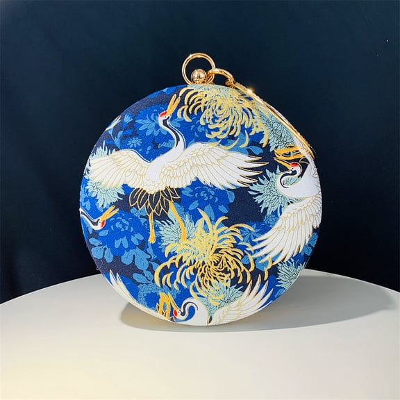 Womens Evening Bag Clutch Purse Luxury Handbag Embroidery Wedding Bag Crane-Print Small Round Evening Bag,Blue