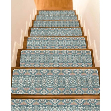 Teal Pink Stair Treads for Wooden Steps Indoor Runner Rug Carpet Vintage Floral Watercolor Boho Ethnic 4 Pieces Peel and Stick Staircase Step Treads Covers Washable Throw Door Mats 30 x8