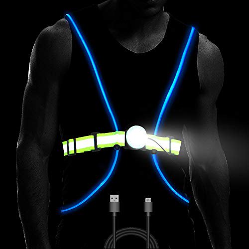 Longu 360 Led Gilet Réfléchissant Lumière de Sécurité USB Rechargeable Révolutionnaire Illuminé Course Cyclisme Fibre Optique Led Multicolore Femmes Hommes, Enfants Taille Ajustable Équipement Léger pour Jogging Vélo
