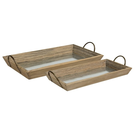 Wood And Metal Tray Kate and Laurel - Meora Set of 2 Rectangular Decorative Driftwood Nesting Serving Trays with Bronze Handles and Galvanized Metal Base, Small: 21 x 11 Large: 23.5 x 13 ()