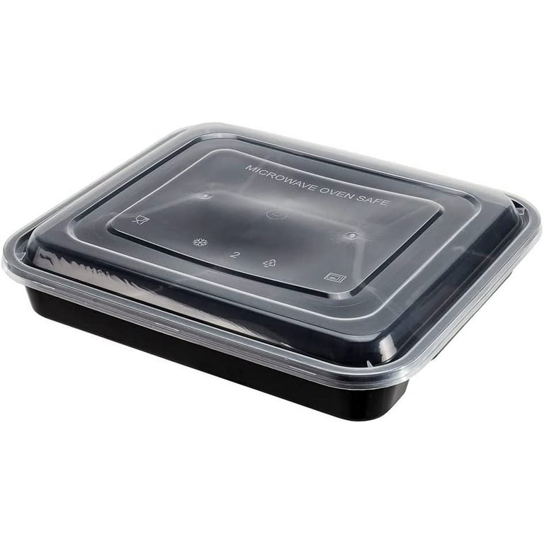 Asporto 26 oz Black Plastic 3 Compartment Food Container - with Clear Lid, Microwavable - 8 3/4 inch x 6 inch x 1 3/4 inch - 100 Count Box