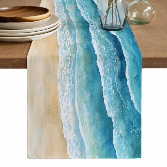 Aqua Coastal Table Runner, Nautical Summer Beach Ocean Beige Washable Cotton Linen Table Runners 90 Inches Long, Dresser Scarf Runner for Dining/Coffee/Kitchen/Hallway Tables 13''x90''