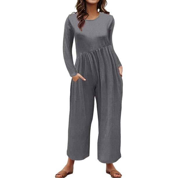 Gibobby Mono Bombachos Mono de cuello redondo de color liso para mujer con cintura anudada y bolsillos(Gris, L)