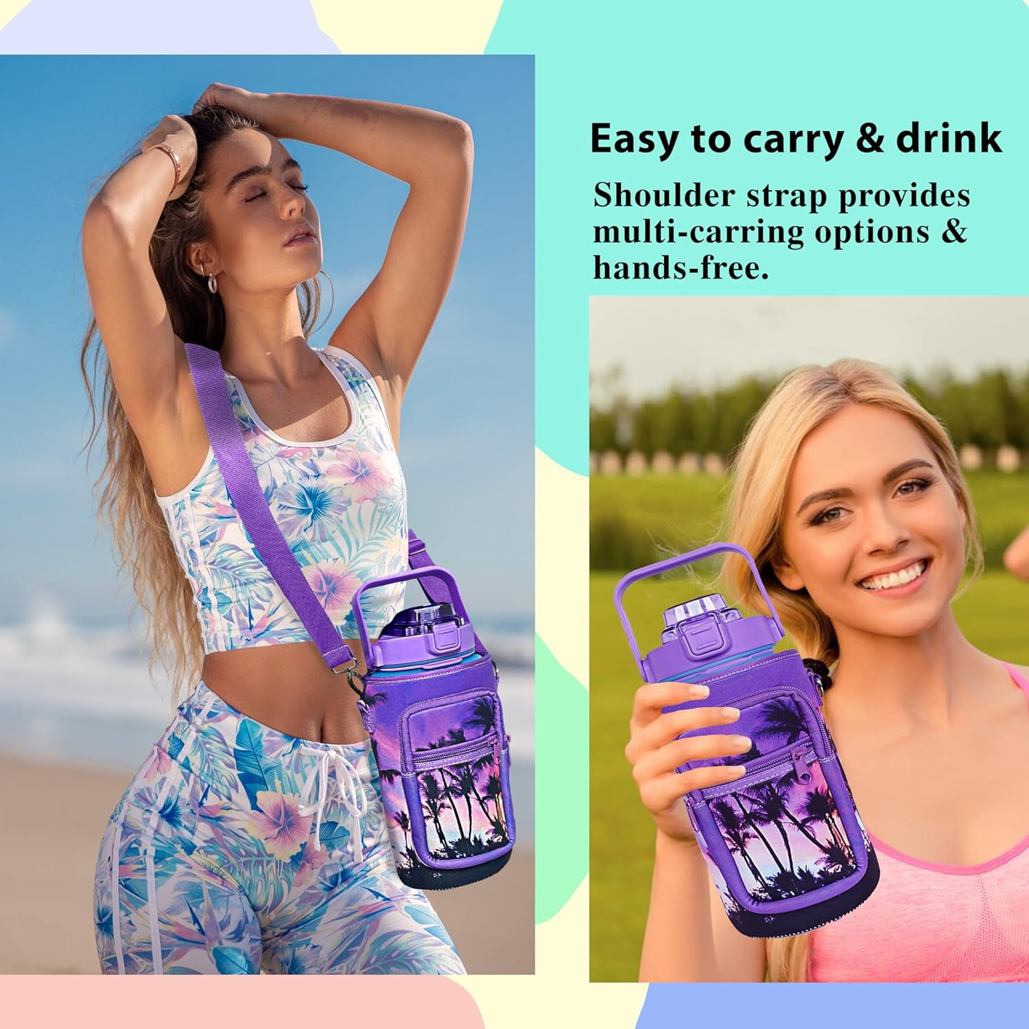 64 oz Water Bottle with Straw Sleeve & Strap Motivational BPA Free Half Gallon Water Jug with Handle for Gym Women Men Aesthetic Water Bottle with Strap Coconut Tree