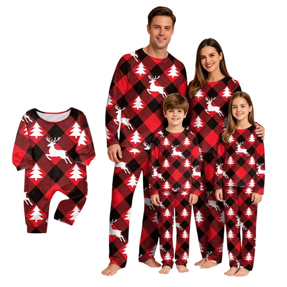 Yuaguia Red Matching Family Christmas Pajamas Set, Plaid Holiday Sleepwear Reindeer Tree Loungewear, Soft Long Sleeve Top and Pants Pjs for Men Women Kids Baby