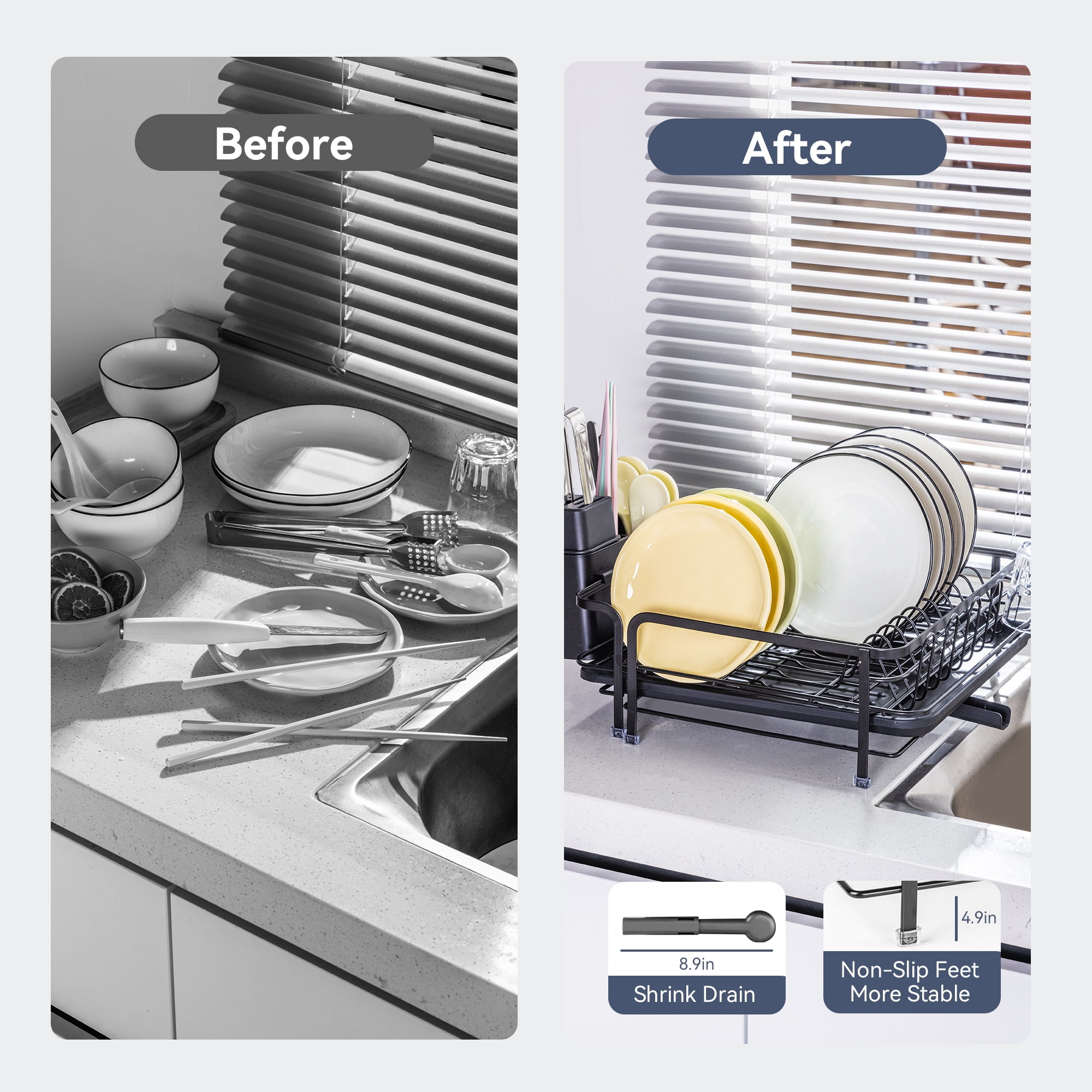 VUSIGN Extendable Dish Rack, Multifunctional Dish Rack for Kitchen Counter, Anti-Rust Drying Dish Rack with Cutlery & Cup Holders