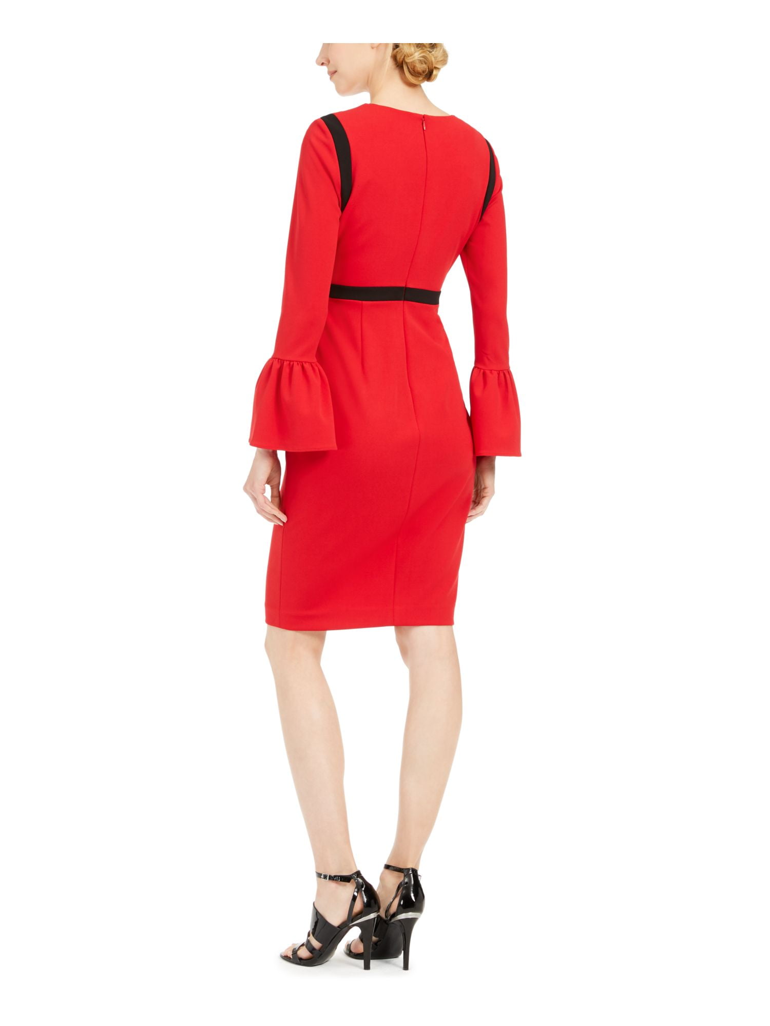 CALVIN KLEIN Womens Red Bell Sleeve Knee Length Sheath Evening