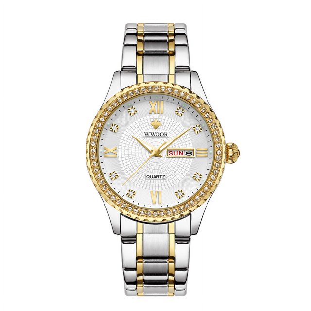 Reloj para parejas, resistente al agua, con luz nocturna, hebilla de mariposa, correa de acero, reloj dorado con diamantes para hombre