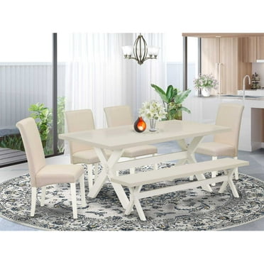 East West Furniture X027BA201-6 6 Piece Dining Room Set Contains a Rectangle Dining Table with X-Legs and 4 Cream Linen Fabric Parson Chairs with a Bench, 40x72 Inch, Multi-Color