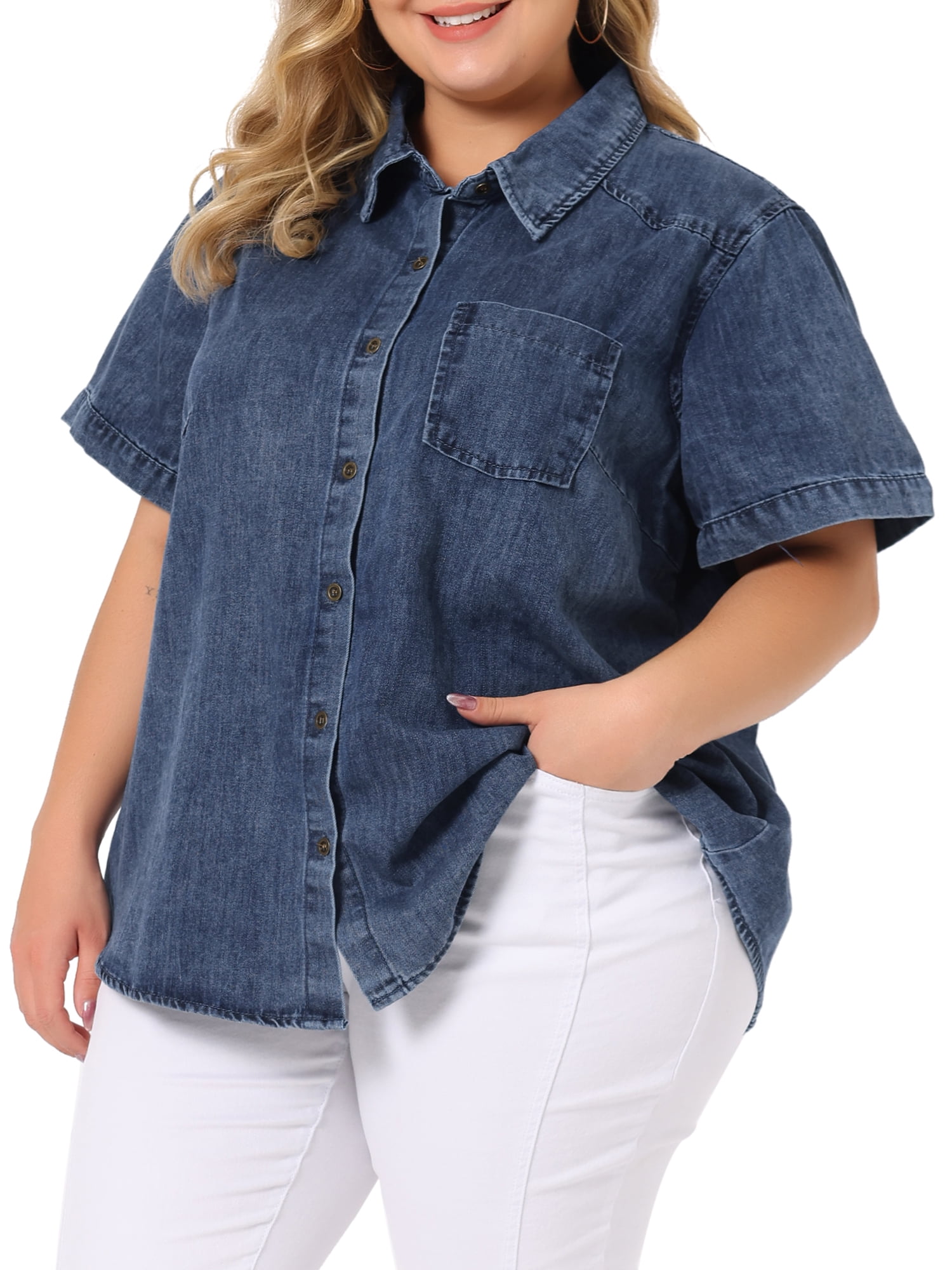 Unique Bargains Women's Plus Size Denim Jean Shirts Short Sleeve Button Down Tops 1X Denim Blue
