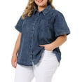thumbnail image 4 of Unique Bargains Women's Plus Size Denim Jean Shirts Short Sleeve Button Down Tops 2X Denim Blue, 4 of 6