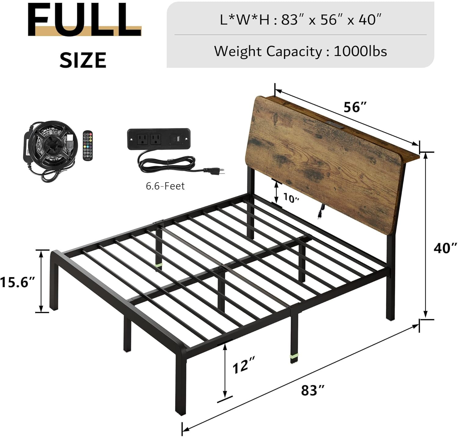 iPormis Full Size Bed Frame with Ergonomic Storage Headboard & Charging Station, LED Platform Bed Frame, Heavy Duty Metal Slats, No Box Spring Needed, Easy Assembly, Rustic