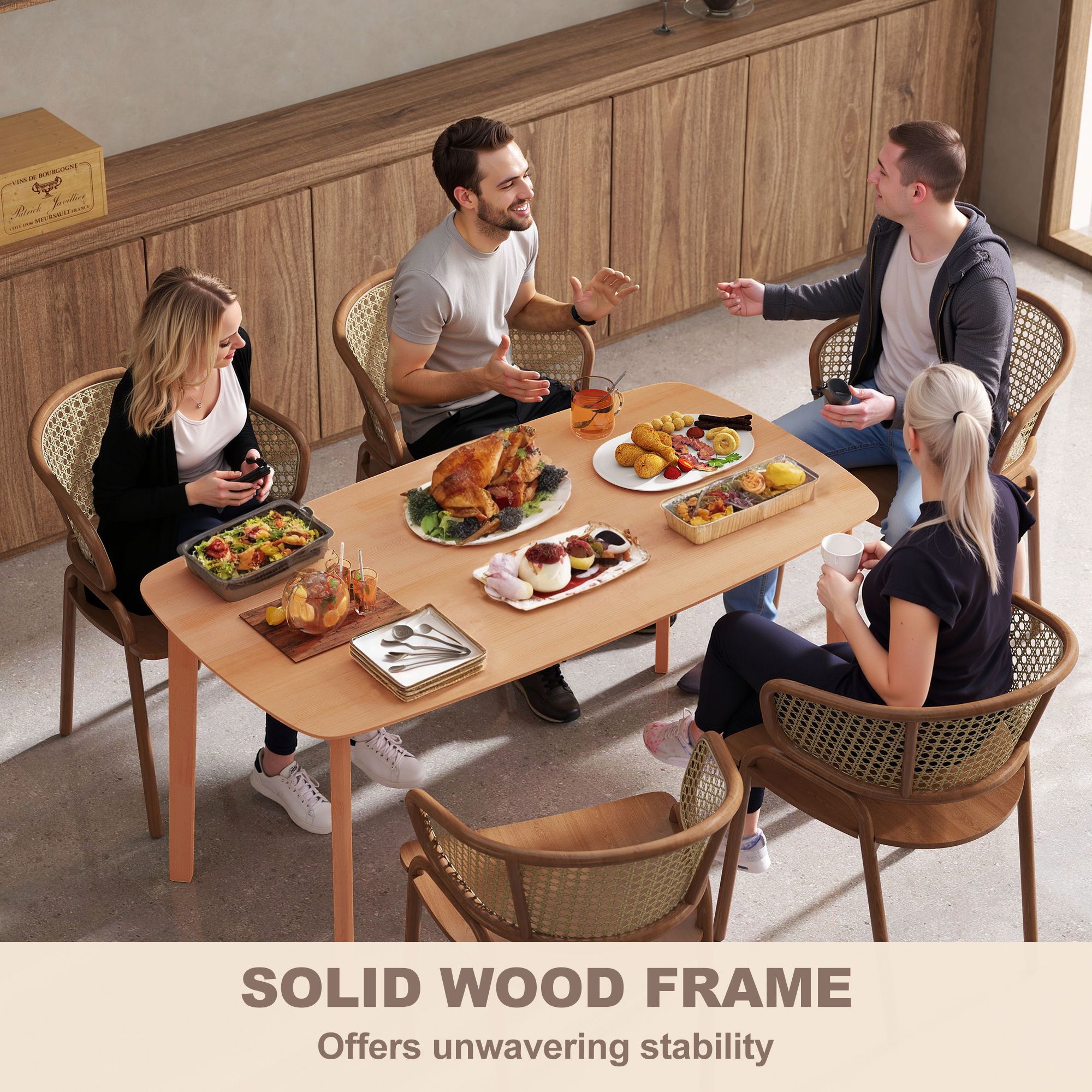 47.2" Rectangle Rustic Dining Table for 6 People, Solid Pine Wood Frame Dinner Table with Round Safety Corners, Non-Slip Foot Pads Supports 66 LBS for Kitchen Dining Room