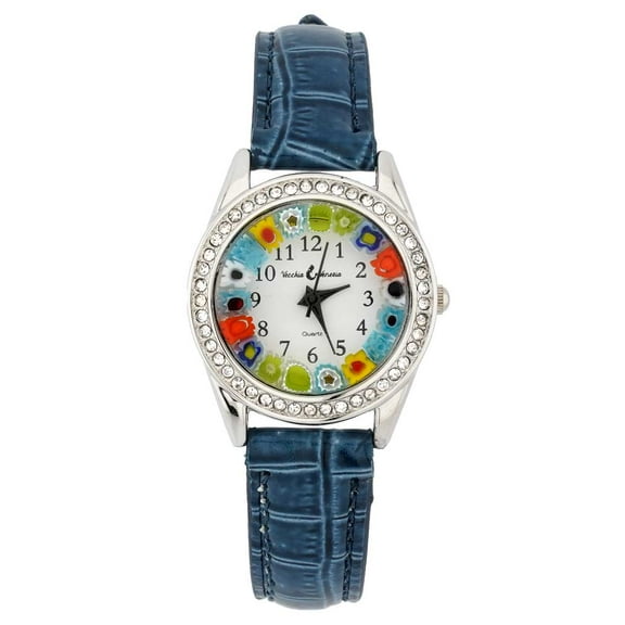 GlassOfVenice Murano Glass Watch Millefiori And Crystals With Leather Band - Blue