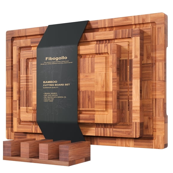 Bamboo Cutting Boards for Kitchen(Set of 3),Chopping Boards with Juice Groove,End Grain Bamboo Butcher Block,Serving Board with Holder