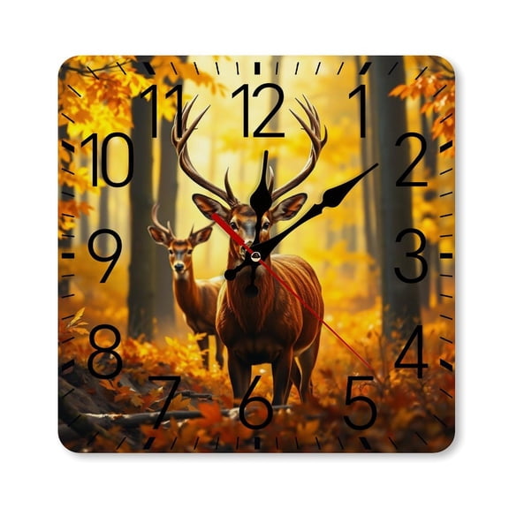 RKSupls 10×10inch Square Silent Wall Clock Wooden Frame, Autumn Deer Forest Scale Decorative Clock for Home Bedroom Living Room Office