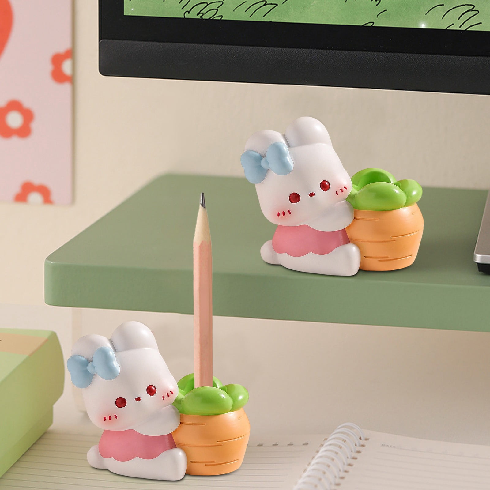 Yunuuuoa 5 Packs Resin Rabbit Pen Holder Desktop Organizer Cute Animal Decor Stationery Accessory for Office Desk Study Table Writing Utensil Holder Gift