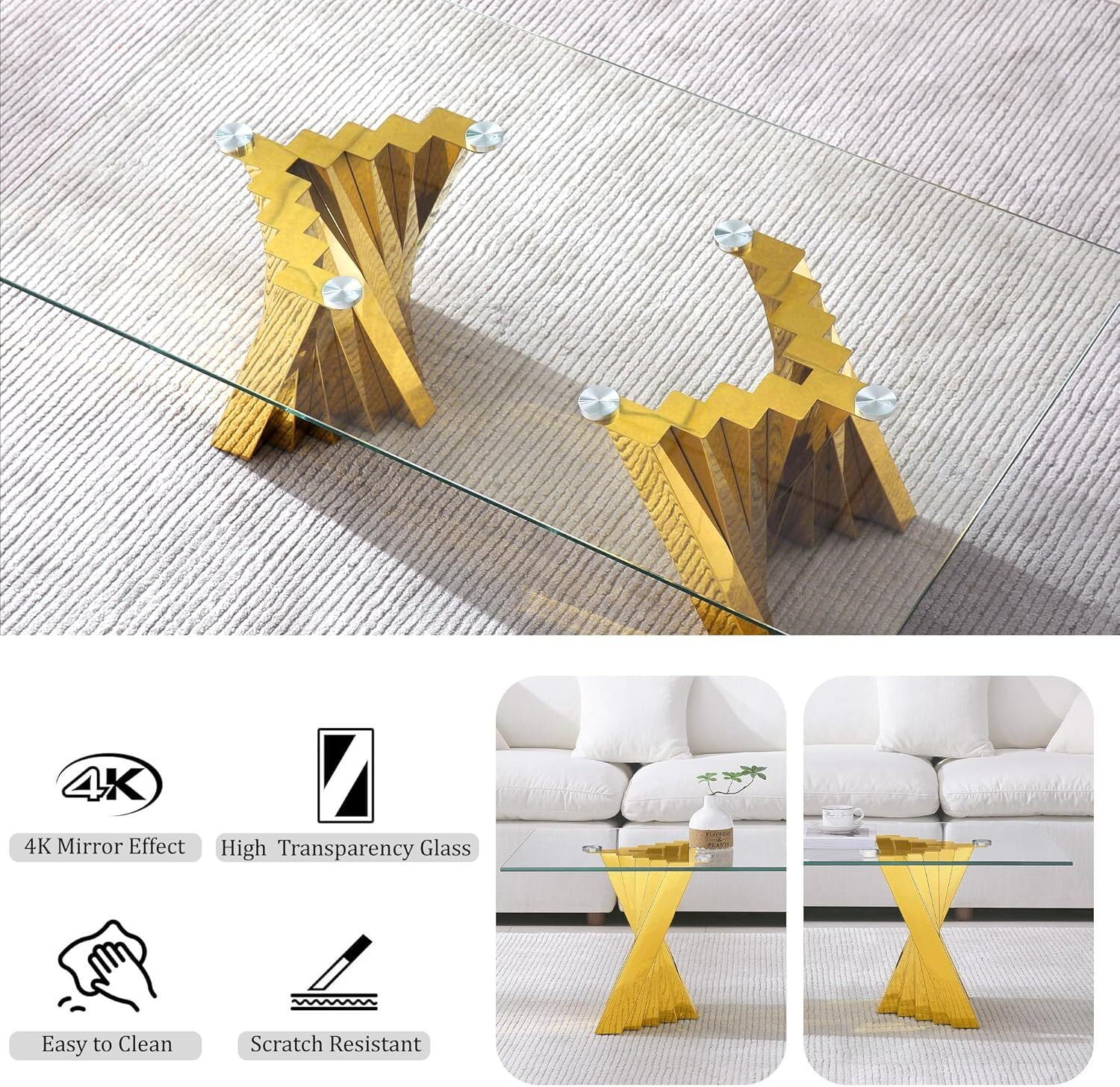 51" Glass Coffee Table with Rectangular Tempered Glass Top & Flash-Shaped Irregular Stainless Steel Base, Central Table, Cocktail Table, Tea Table for Living Room, Office.
