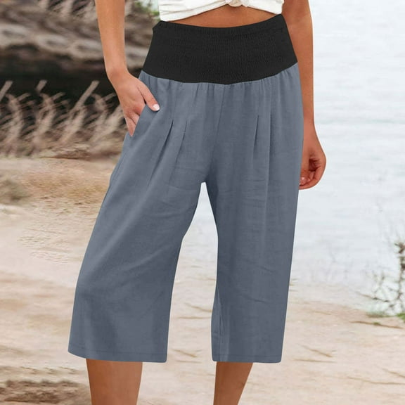 CLOISE Crop Wide Leg Jumpsuit High Waisted Cotton Linen Capris With Pockets Stretch Wide Leg Capris Elastic Waist Lightweight Capris Pull On Capri Palazzo Pants Solid Lounge Cropped Pants Blue