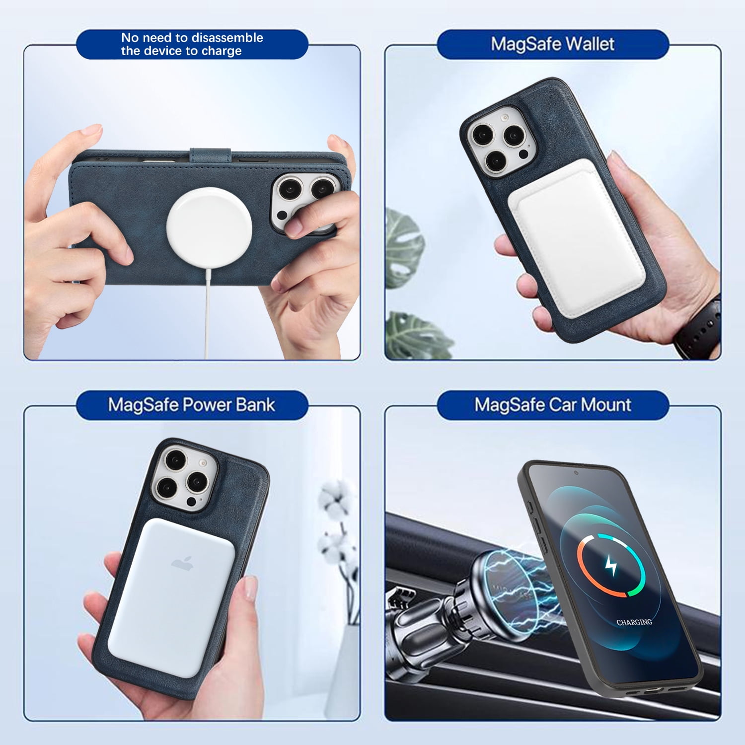 TECH CIRCLE 3-in-1 Phone Case for iPhone 15 Pro Max (2023 Release, 6.7"), Magnetic Flip Wallet Case with Detachable Magnetic Back Cover and Card Holder, Compatible with MagSafe Accessory, Blue