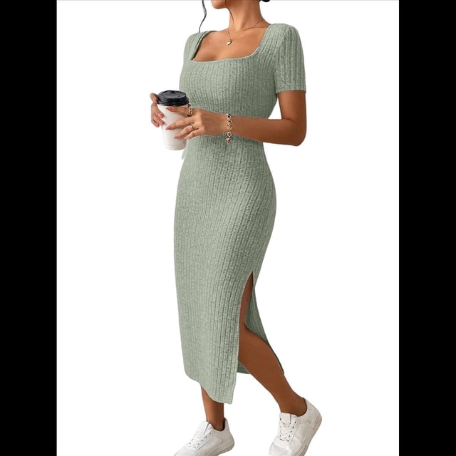 Vestido de Verano 2025 para Mujer, Ajustado, de Corta, Acanalado, con Abertura Lateral, de Punto y Cuello Cuadrado Verde S