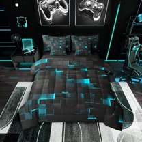 Teal And Black Bed in a Bag Queen,Neon Turquoise Geometric Check Bedding Set 7 Piece Stereoscopic Abstract Plaid Grids Bed Comforter Set Adults,Geometry Square Bed Set