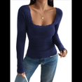 thumbnail image 2 of Camisas de Larga para Mujer, Cuello Cuadrado, Tops Cortos de Punto Acanalado, Conjuntos de Otoño, Ropa de Moda Azul Marino XXL, 2 of 9