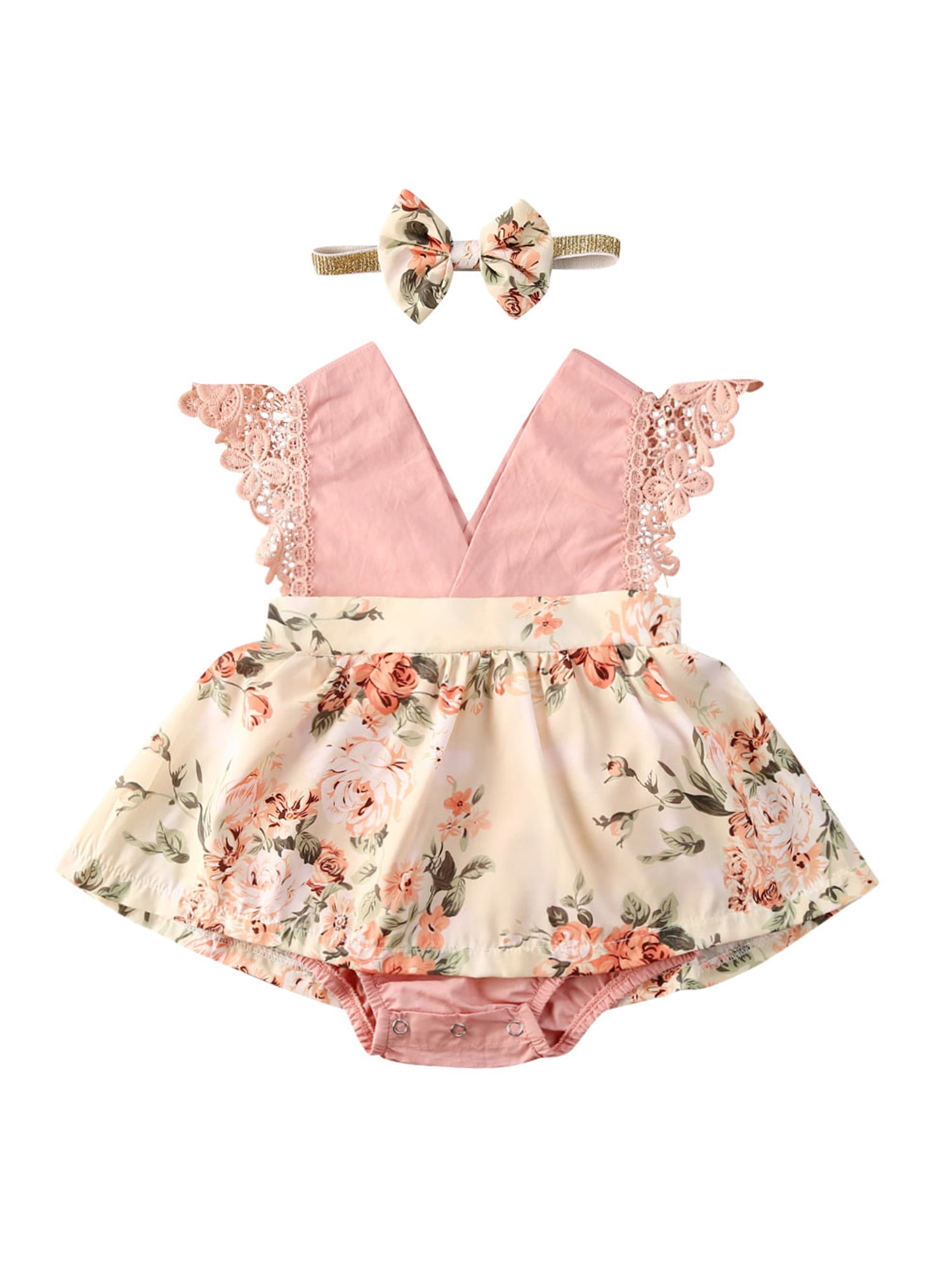 Infant Baby Girls Sleeveless Floral Lace Backless Romper Bodysuit Dress+Headband 