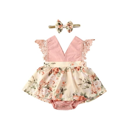 

Baby Floral Print Clothes Set Girls Sleeveless Backless V-Neck Romper with Lace + Bow-Knot Headband for Summer