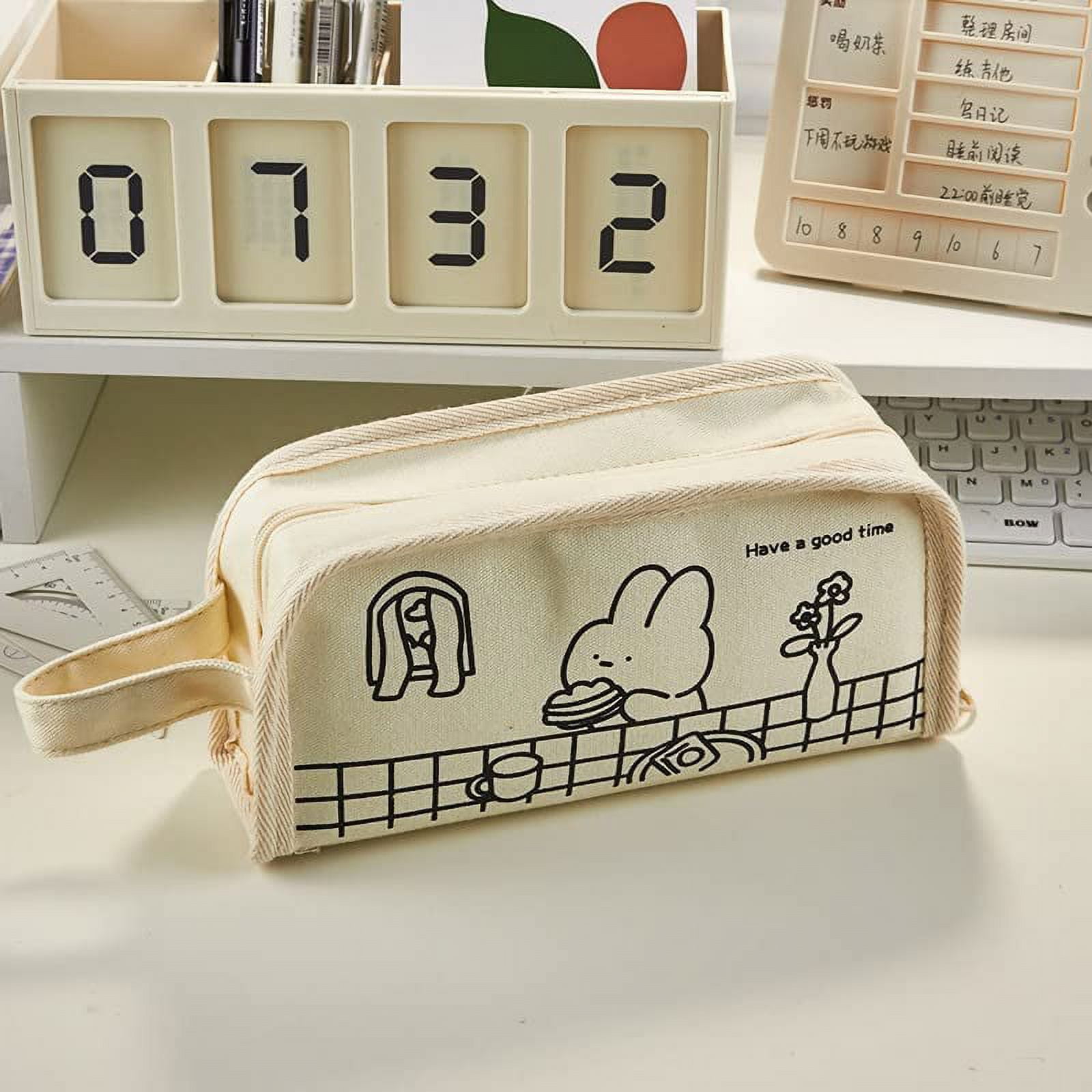 1pc Cat & Rabbit & Plaid Pattern High Capacity Pencil Bag, Cute Portable  Pencil Box For School Student, Office